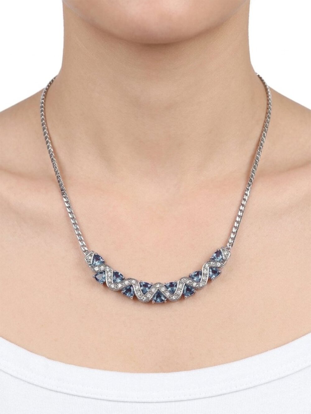 Vintage 925 Sterling Silver Blue Topaz Wave Chevron Bar Necklace Marked Canada